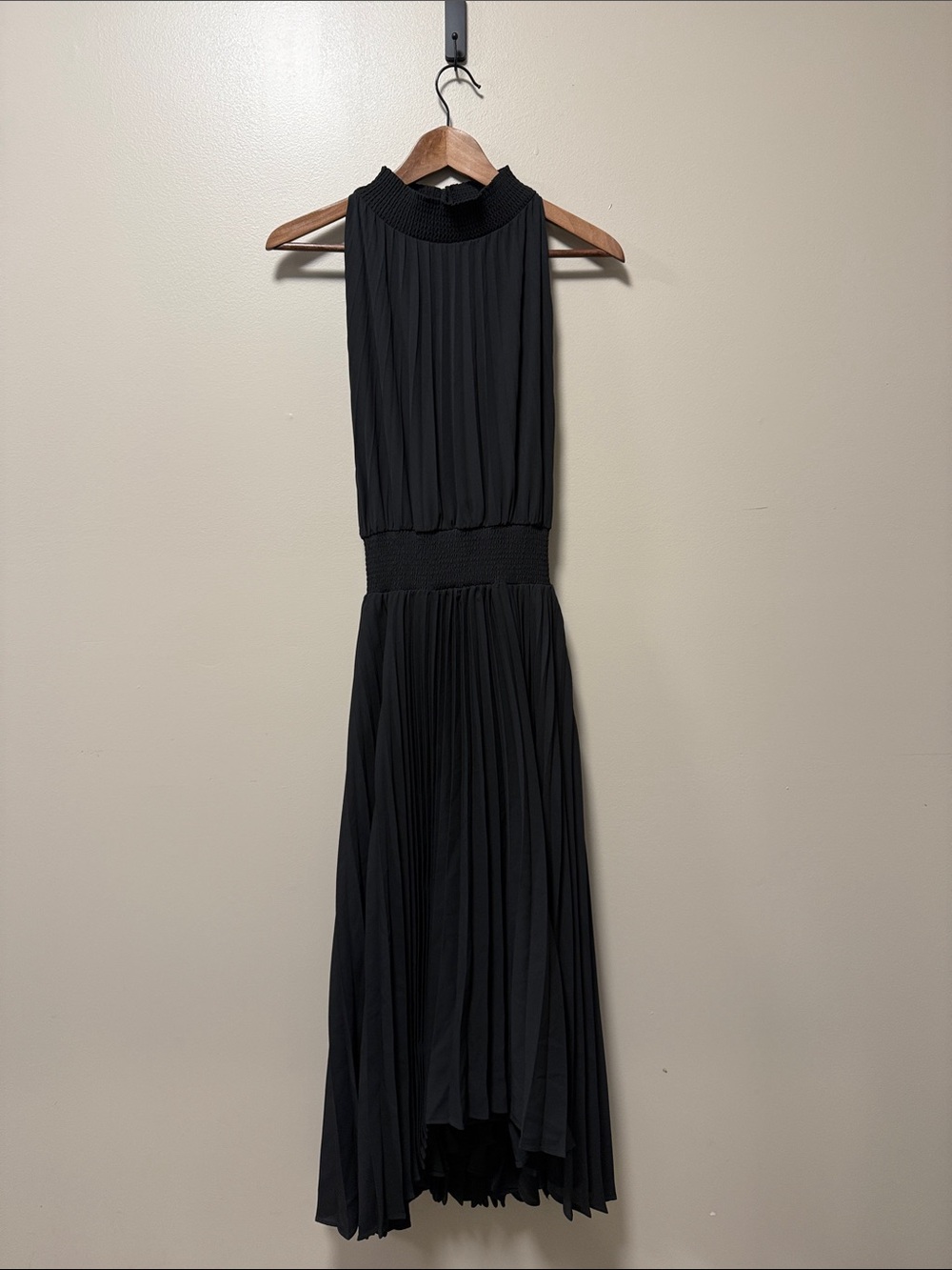 Halogen Black Pleated Halter Midi Dress with Smocked Waist